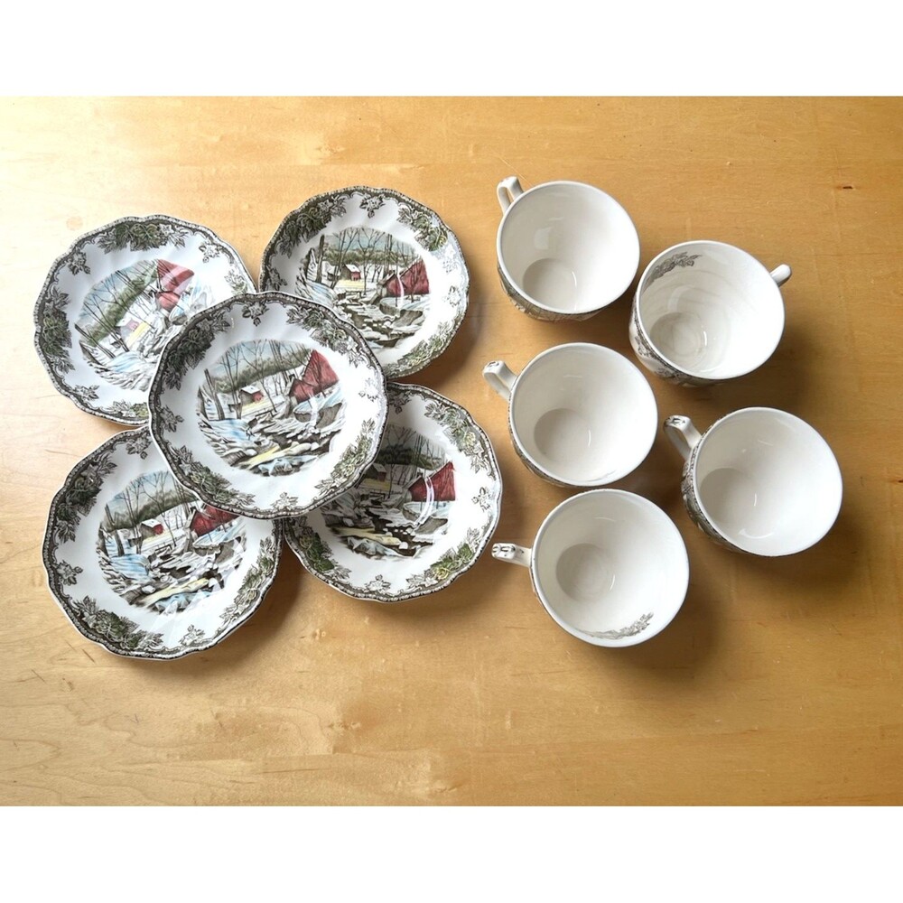 Set Of 5 Johnson Bros The Friendly Village Ice House Cups & Saucers England
